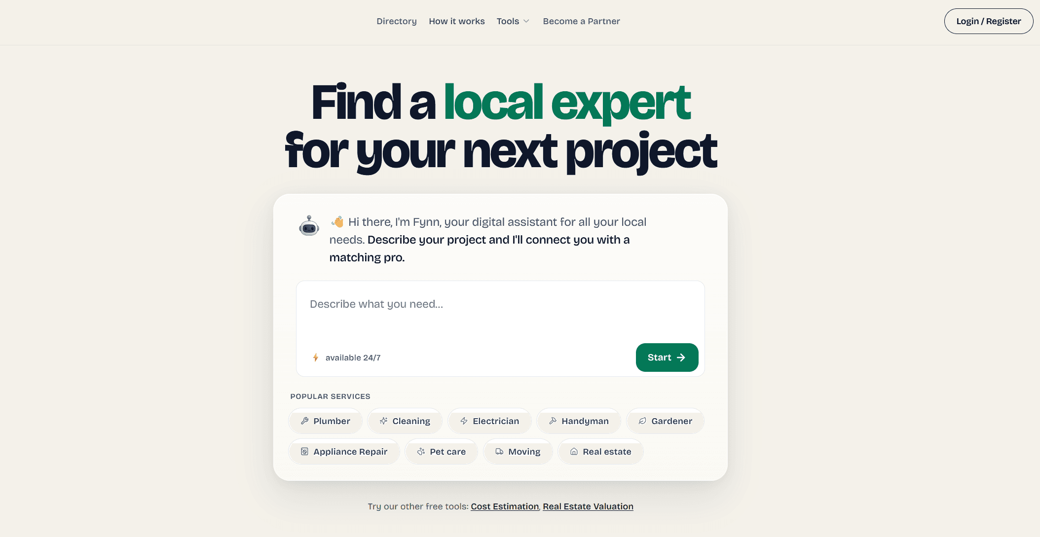 Fynd homepage showing its local service provider matching tool